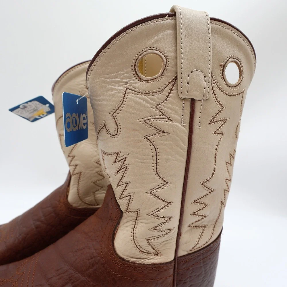 Acme Vintage Cowboy Boots Boys 2 Brown Cream Bullhide Roper NWT Deadstock